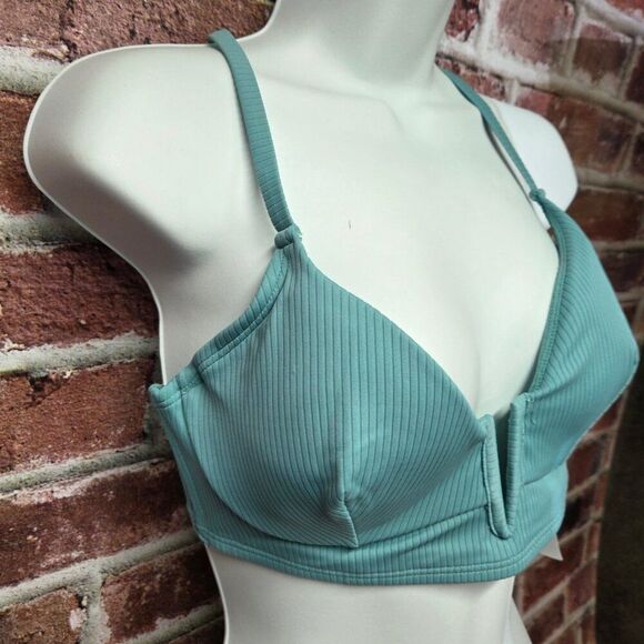 Shade & Shore Bikini Top 34D Green Triangle V Wire Ribbed Removable Cups Chic - Picture 3 of 6
